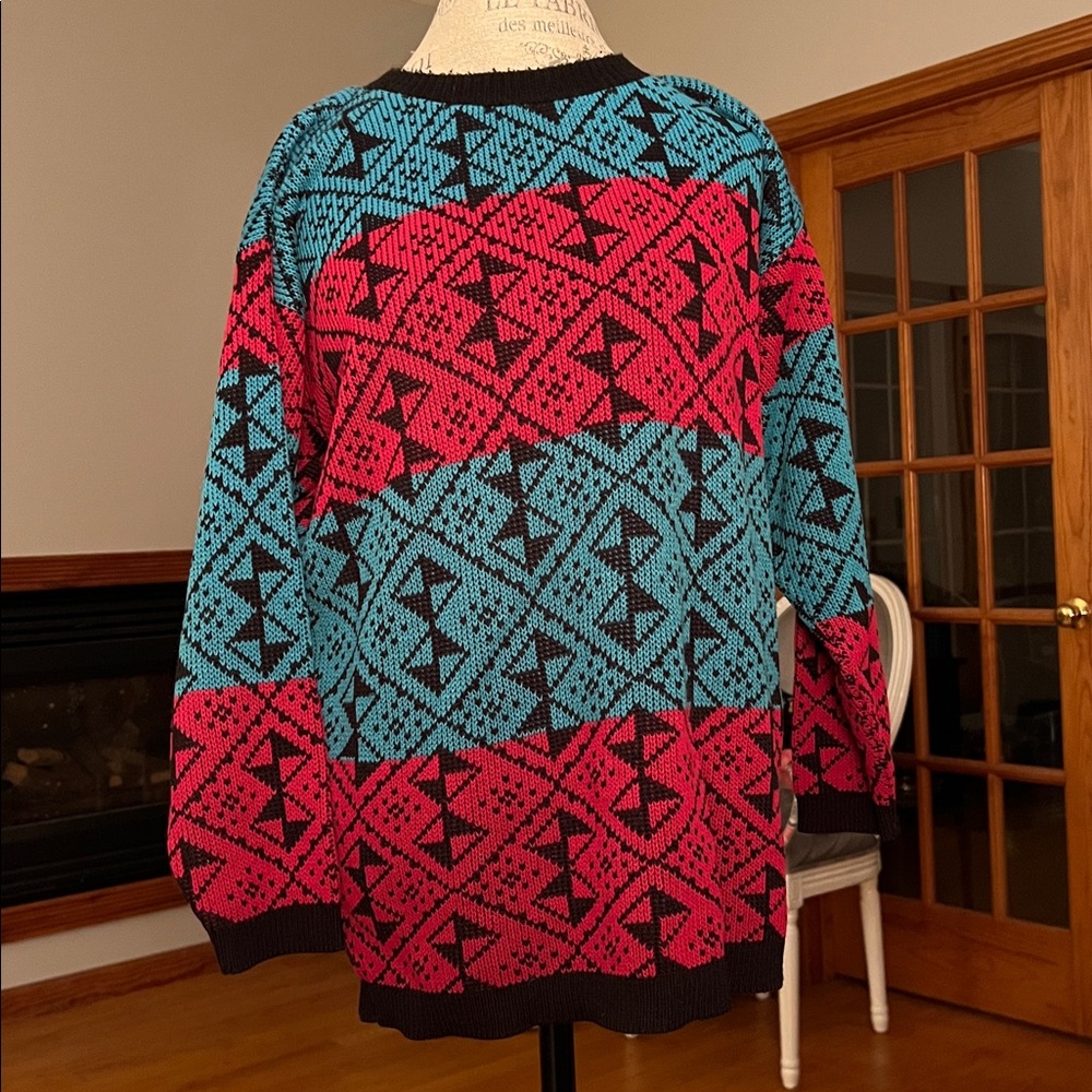 Vintage Saturday Morning Sweater Pink Blue Black XL eclectic grandpa 80s